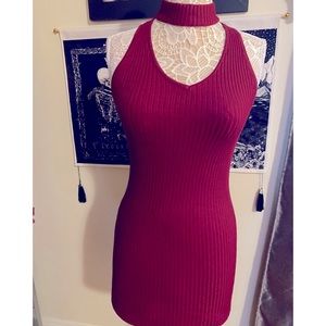 Burgundy Red Ribbed fitted Seek the Label Choker Dress Sz Medium